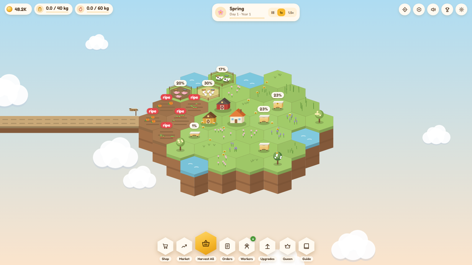 A Meadowdrift island with hives, flower fields, crops and animal pens