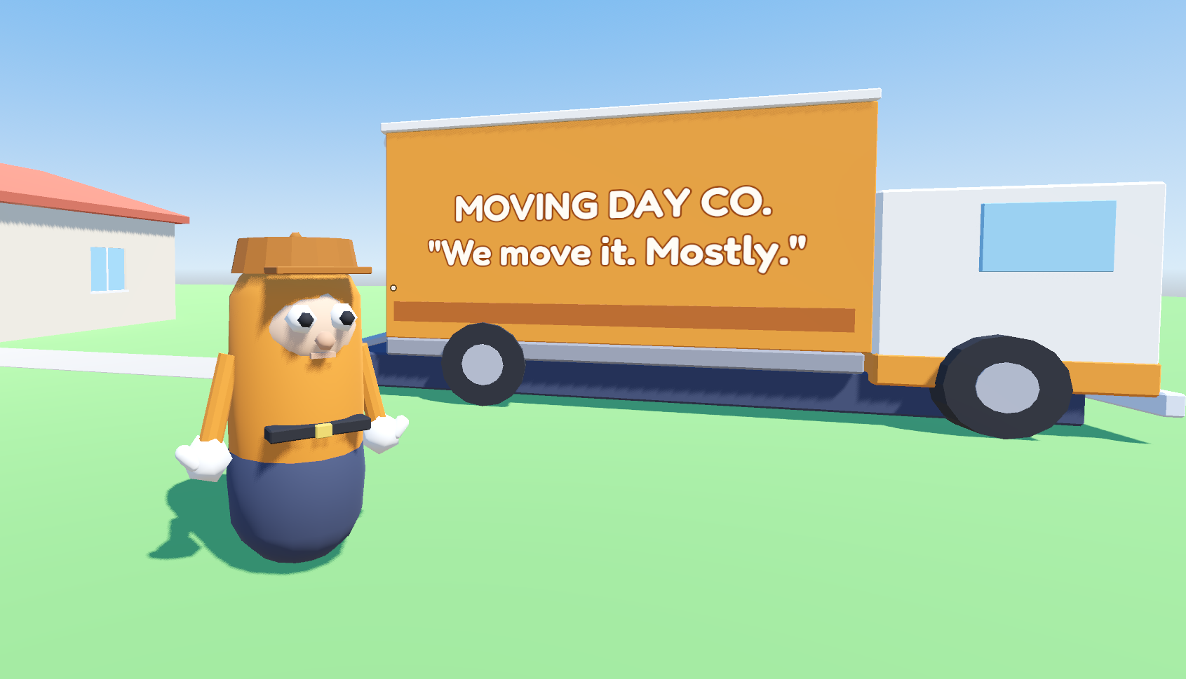 Moving Day: a bean-shaped mover in an orange uniform and cap stands beside the Moving Day Co. truck